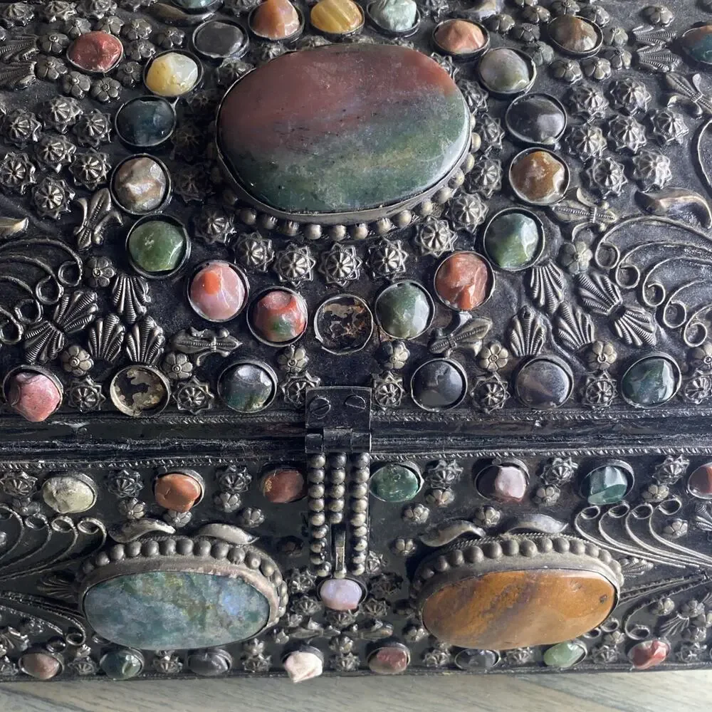 Vintage Moroccan Indian Wedding Jewelry Chest Box Dome Top Mixed Stones